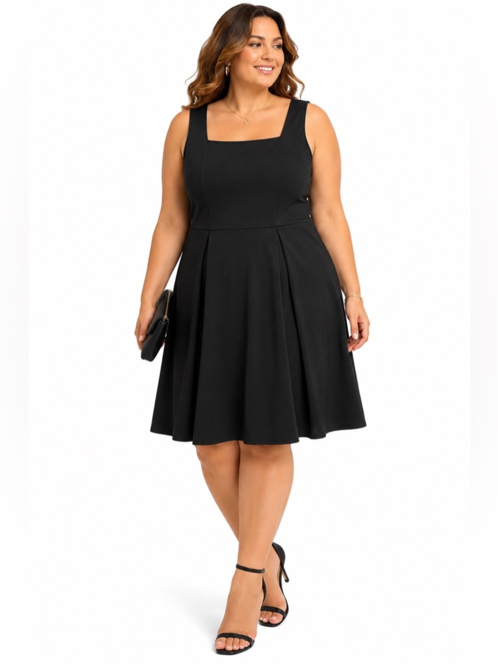 Black Midi Ponte Dress Square Neck Lightweight A Line Cocktail Party Evening 3
